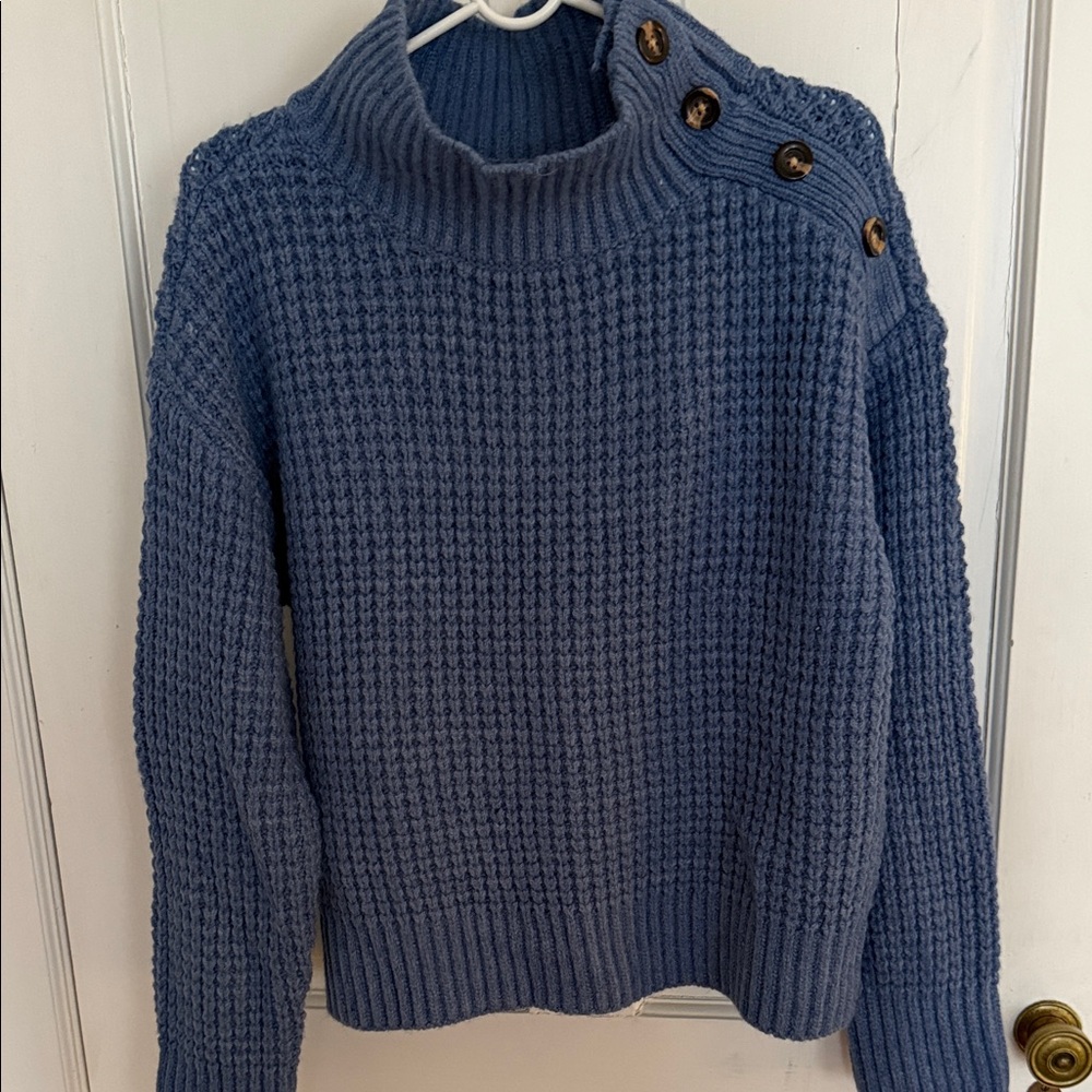 Ann Taylor Denim-Blue Button-Shoulder Cowl Sweater